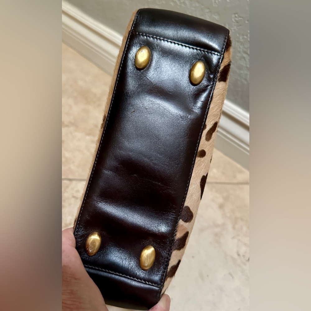 Dana Buchman Leather w/Leopard Pony Fur Tote & Gold Details - Picture 7 of 11